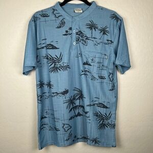 Zeepmayer Mens‎ Hawaiian Shirt Blue Island Map Palm Tree Button Up Medium